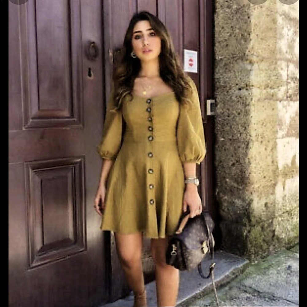 Zara Linen Mini Dress Puff Sleeves & Buttons - Picture 1 of 9